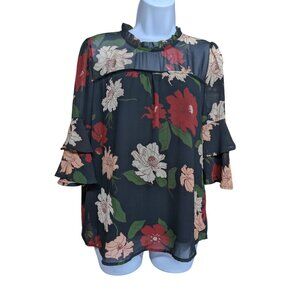 Monteau Los Angeles Sheer Black Floral Ruffle Neck Blouse Size L